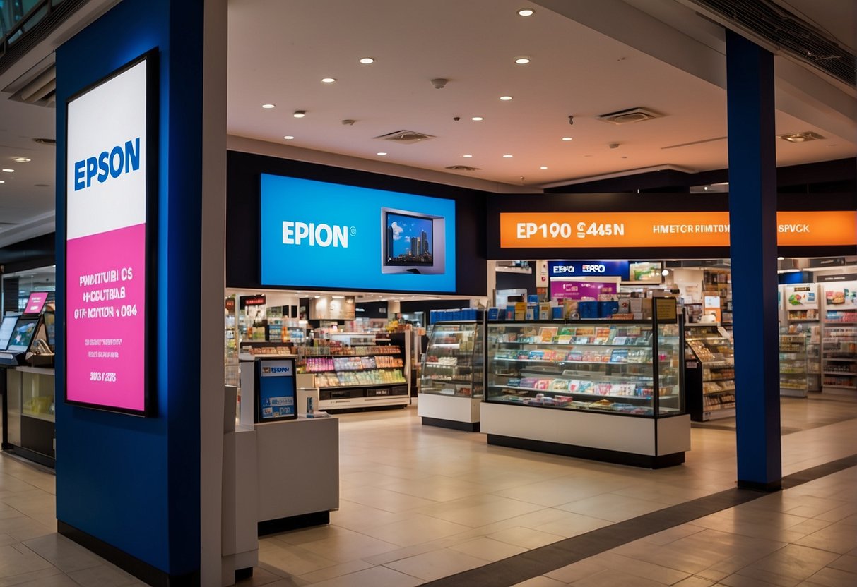 Epson promotions displayed in a vibrant Singaporean storefront. Bright banners and colorful product displays catch the eye of passersby