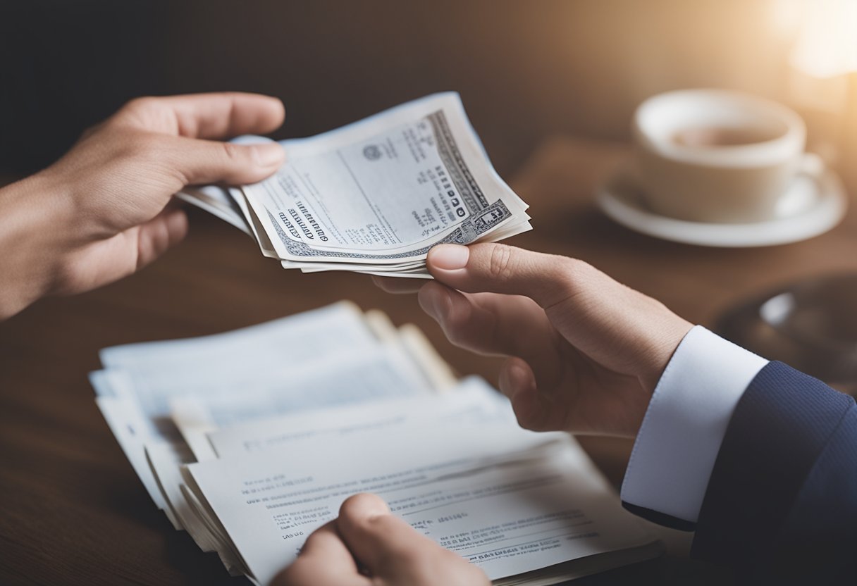 A parent holding a stack of loan documents while a hand reaches out to offer forgiveness