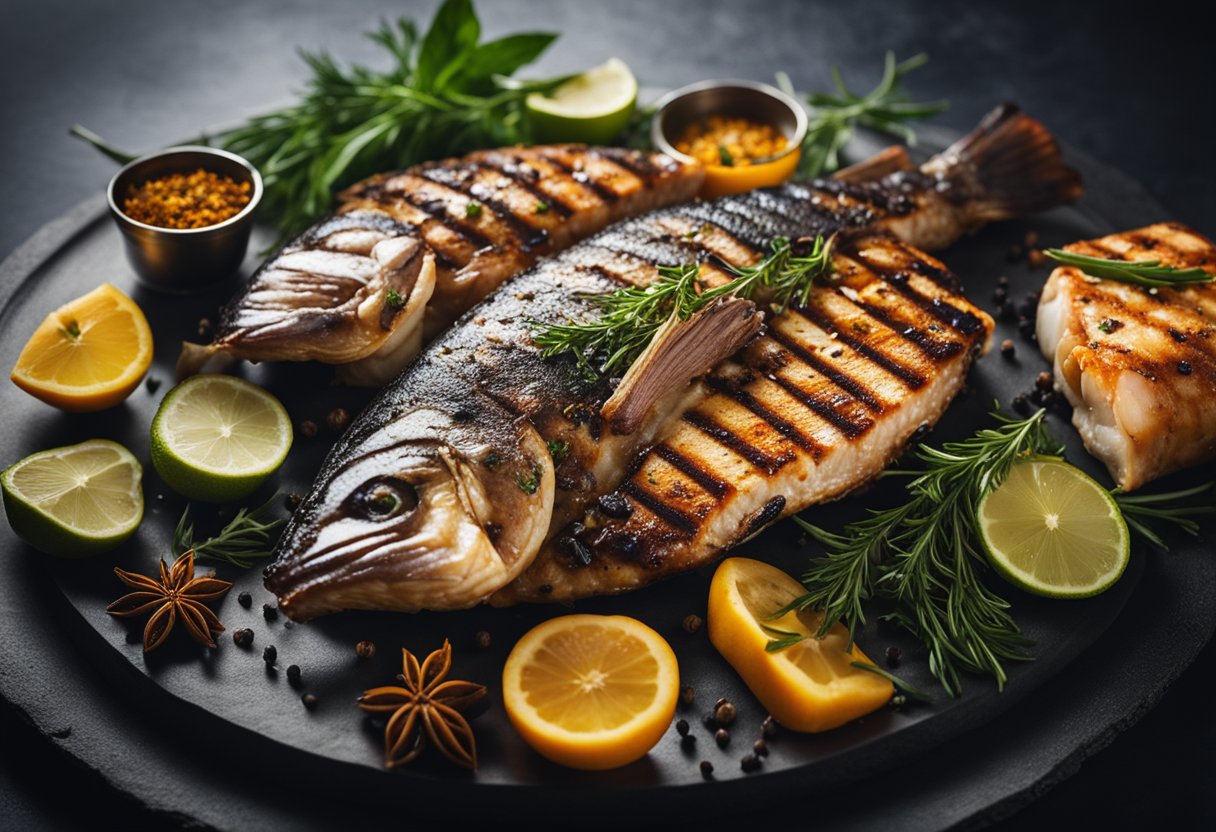 A sizzling hot grill with a whole fish cooking, surrounded by aromatic spices and herbs, with a platter of fresh ingredients nearby