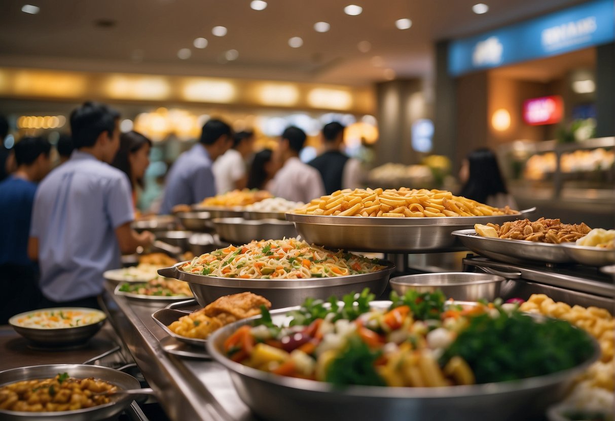 The bustling edge buffet in Singapore features vibrant food displays and excited patrons enjoying the promotional offerings