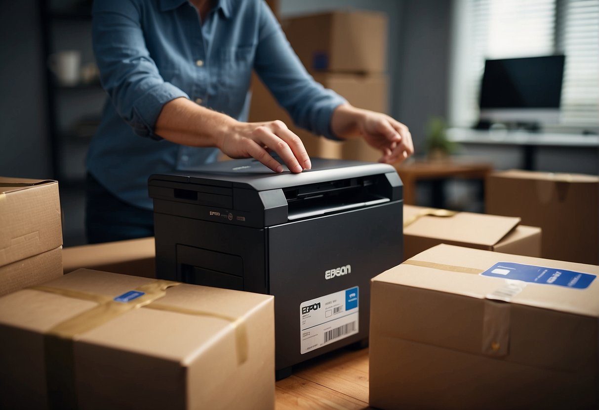 A person opens a box with an Epson logo, revealing a printer and other promotional items. The person smiles as they unpack the gifts