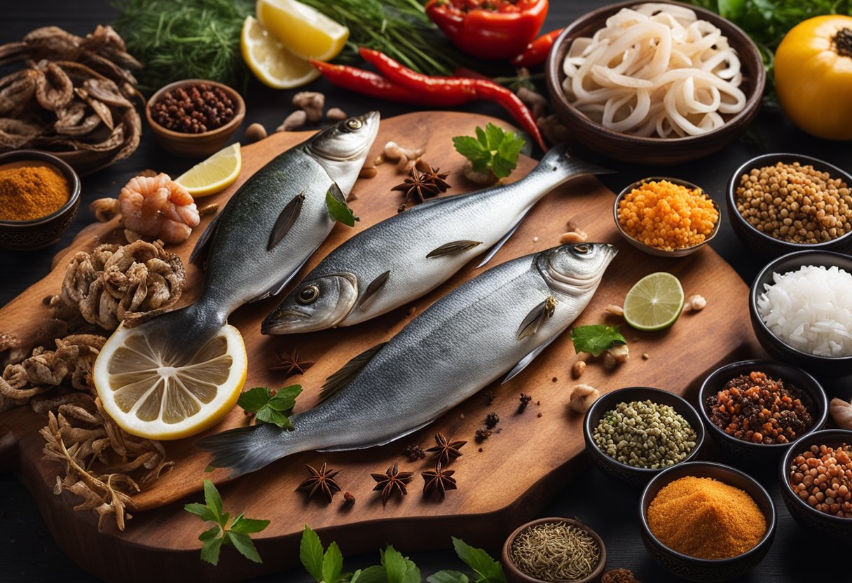 A variety of dried seafood, including fish, squid, and shrimp, are neatly arranged on a wooden cutting board with traditional Chinese spices and herbs scattered around