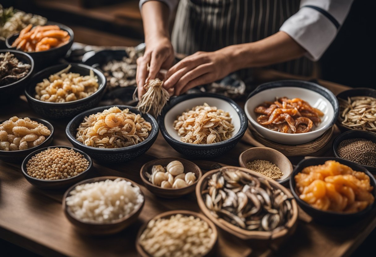 A person selecting and preparing various dried seafood ingredients for a Chinese recipe. The ingredients are laid out on a wooden cutting board, including dried fish, shrimp, and scallops