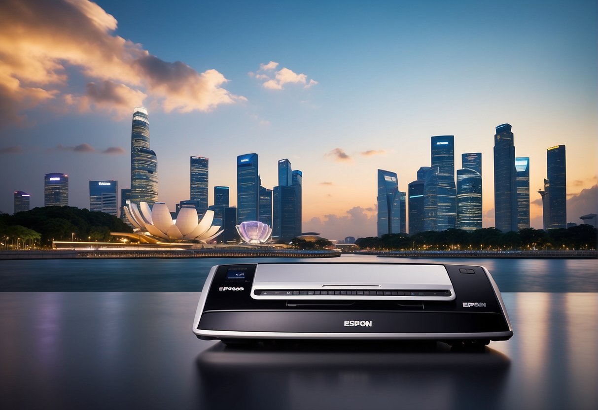 A stack of promotional materials featuring Epson products against a backdrop of iconic Singapore landmarks