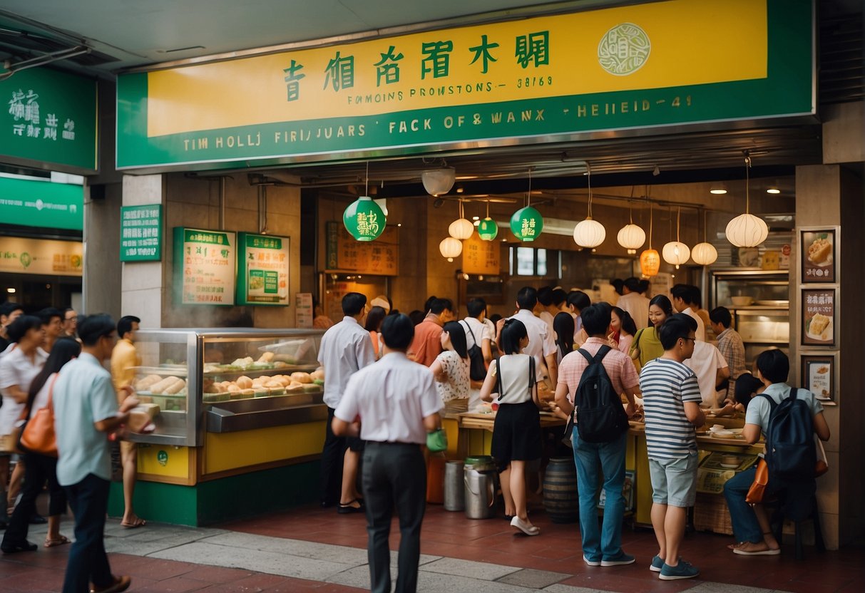 A bustling street in Singapore with a colorful sign for Tim Ho Wan promotions, surrounded by eager customers and the aroma of delicious food