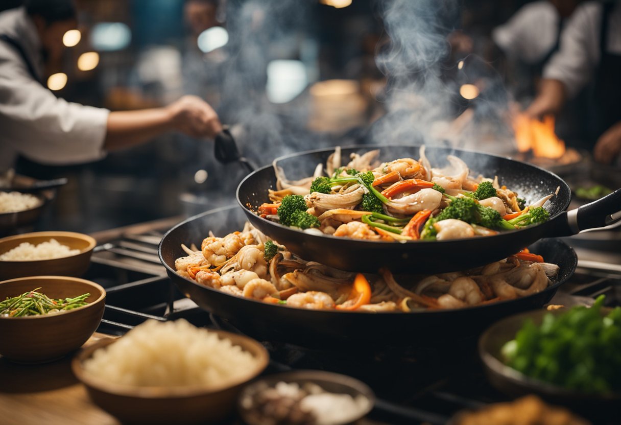 A wok sizzles as dried seafood is tossed in with ginger, garlic, and chilies. Steam rises as the ingredients are stir-fried to perfection