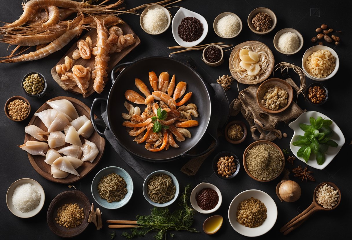 A table with various dried seafood ingredients and cooking utensils laid out for a Chinese recipe