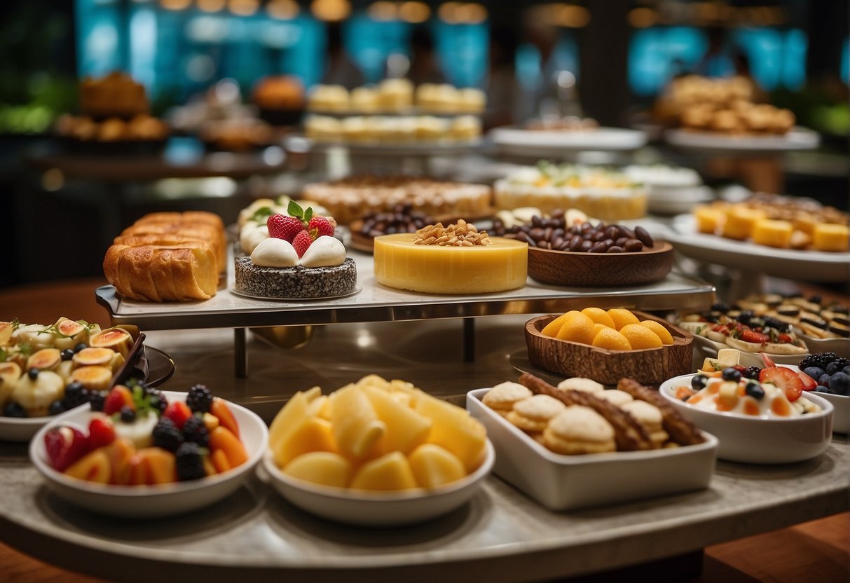 A colorful display of gourmet dishes and desserts at the Edge Buffet in Singapore, showcasing a variety of culinary delights