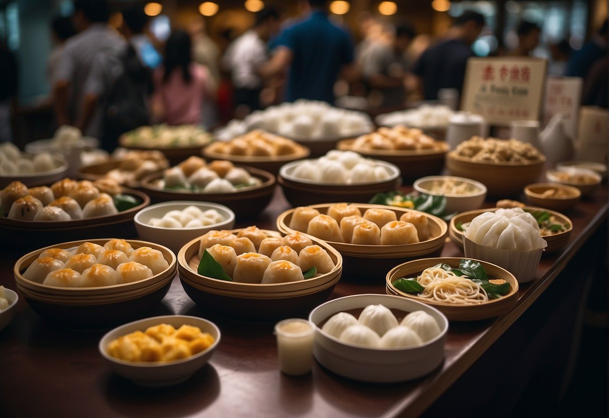 A table with dim sum dishes, a promotional sign, and a queue of customers at a Tim Ho Wan restaurant in Singapore