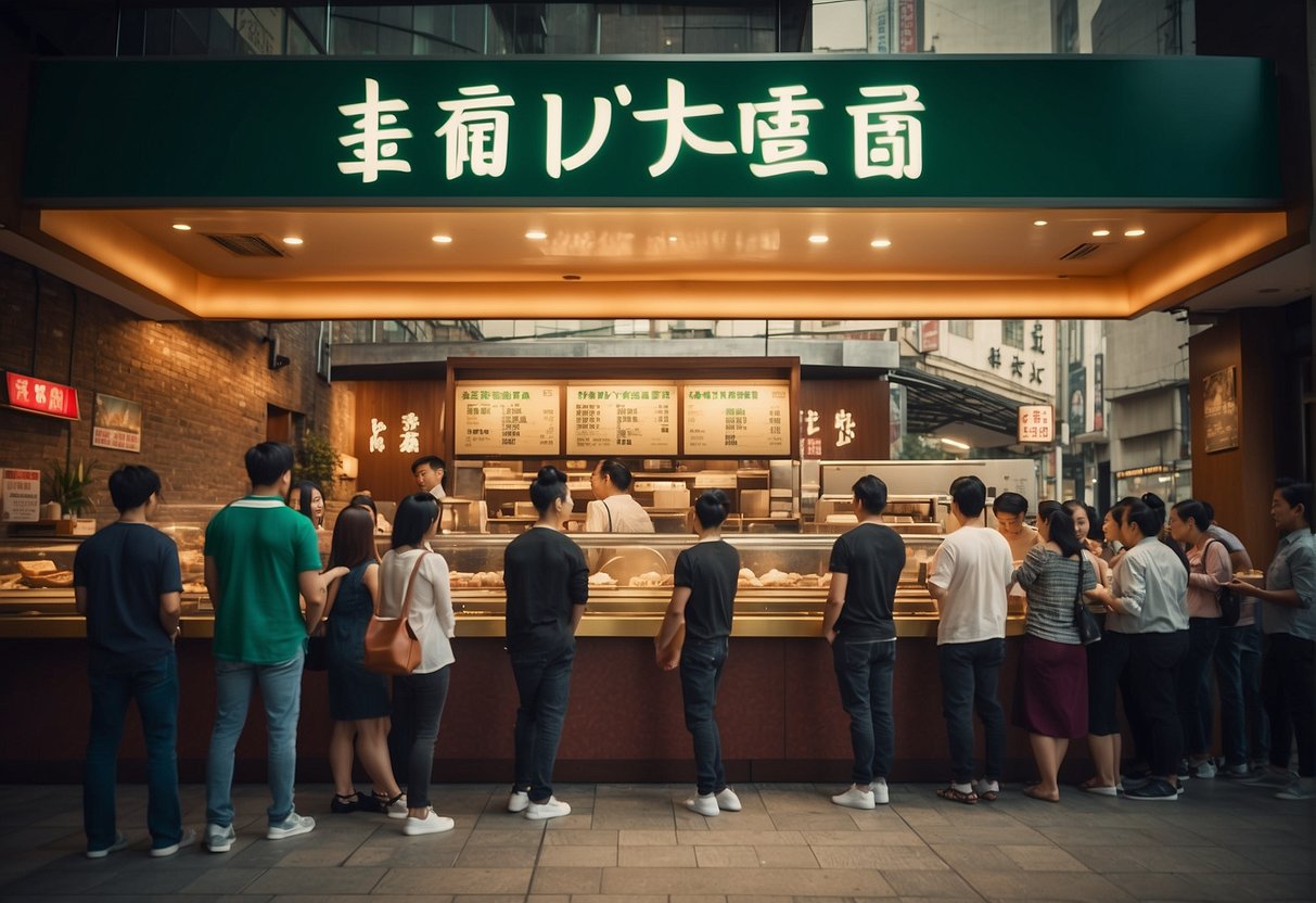 A bustling restaurant with a prominent "Tim Ho Wan" sign, customers lining up, and a promotional display featuring the "Frequently Asked Questions" section