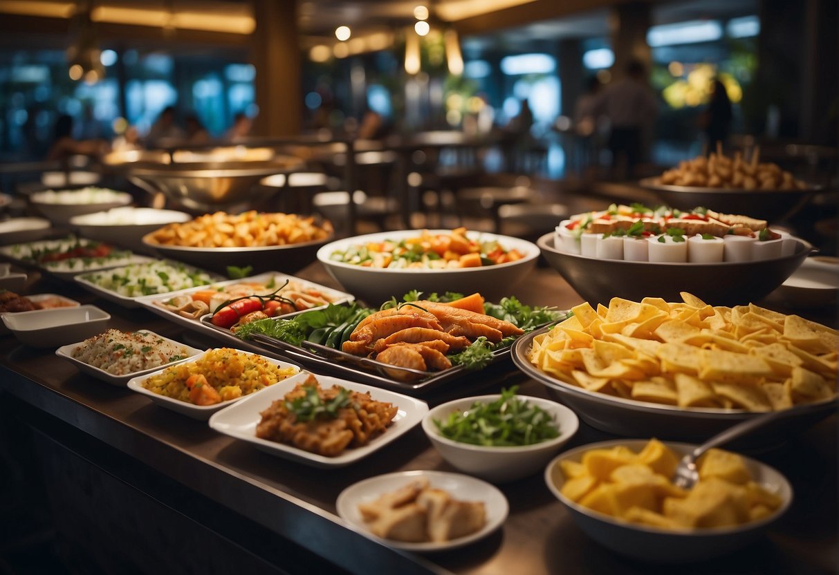 A colorful buffet spread with signage advertising promotions at the edge restaurant in Singapore. Tables are filled with a variety of dishes and drinks