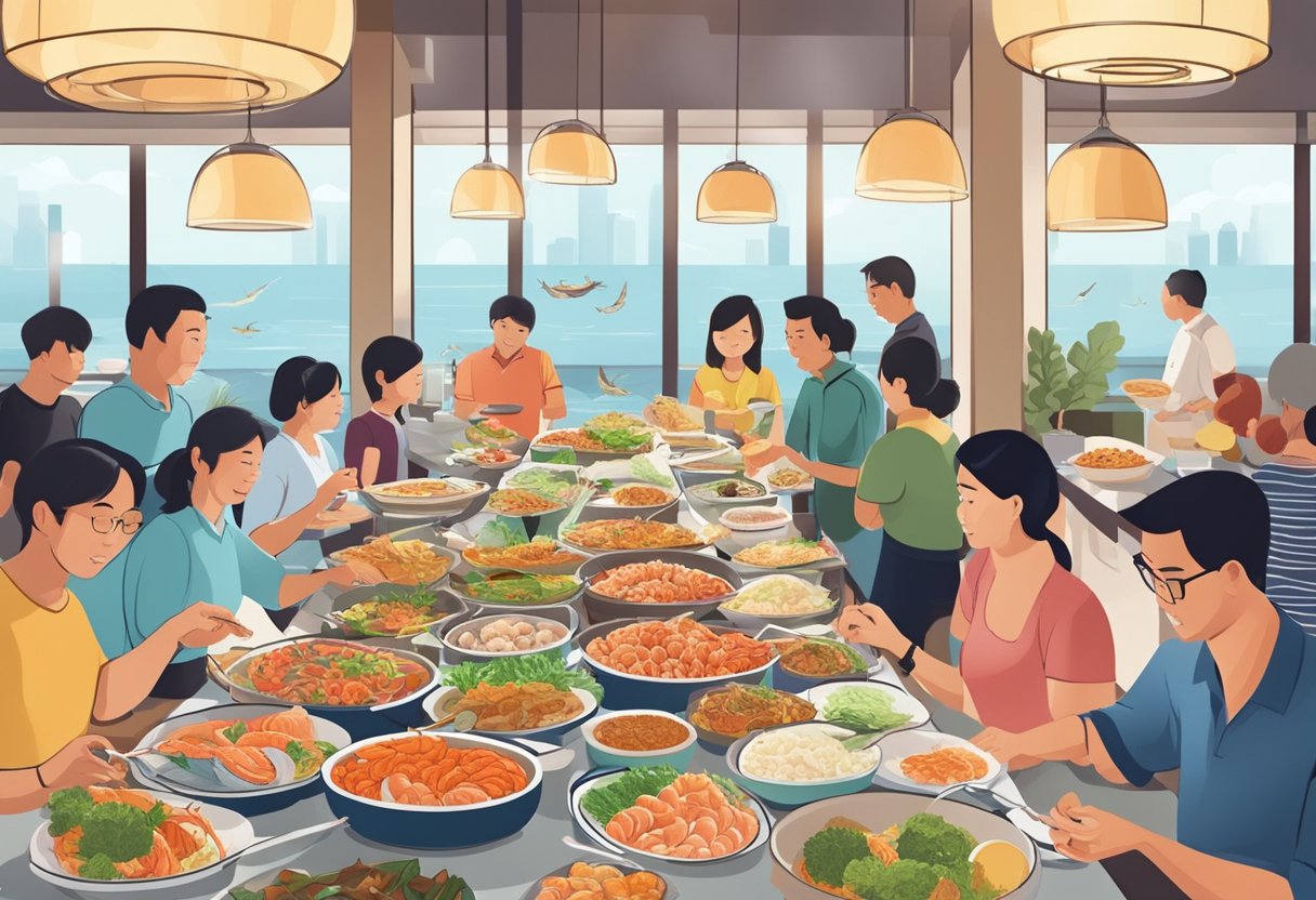 Customers enjoying a variety of fresh seafood dishes at a bustling and affordable buffet in Singapore
