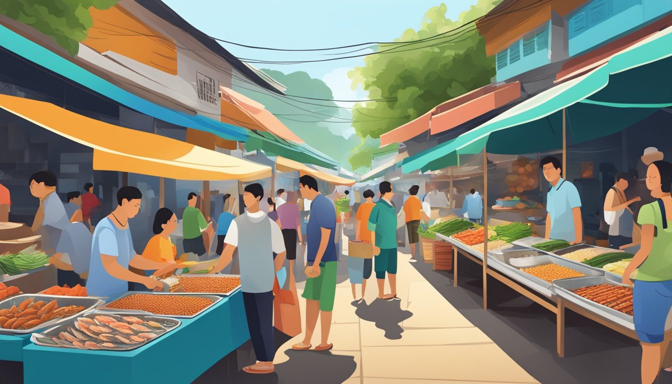 A bustling market in Phuket, with colorful stalls brimming with fresh, affordable seafood. Customers haggle with vendors, while the scent of grilled fish fills the air