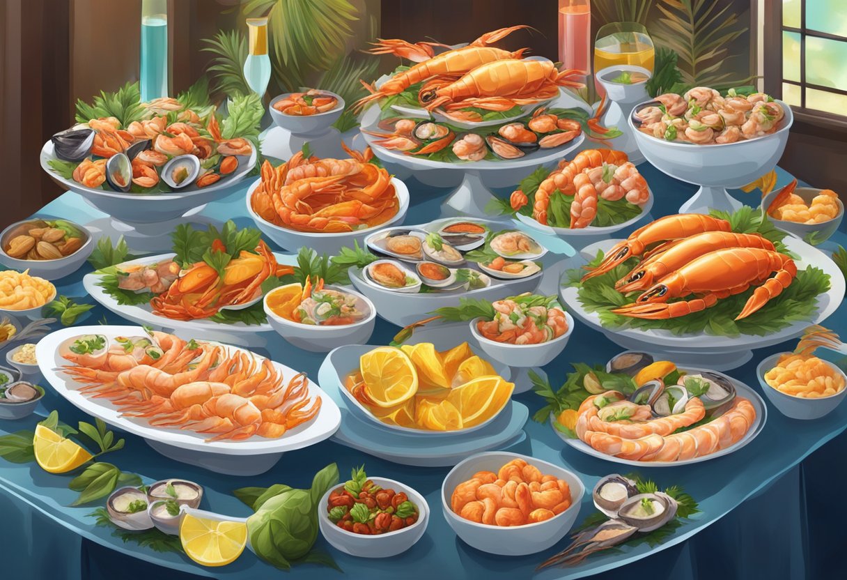A colorful array of fresh seafood and exotic dishes spread out on a buffet table, surrounded by vibrant decor and lively atmosphere