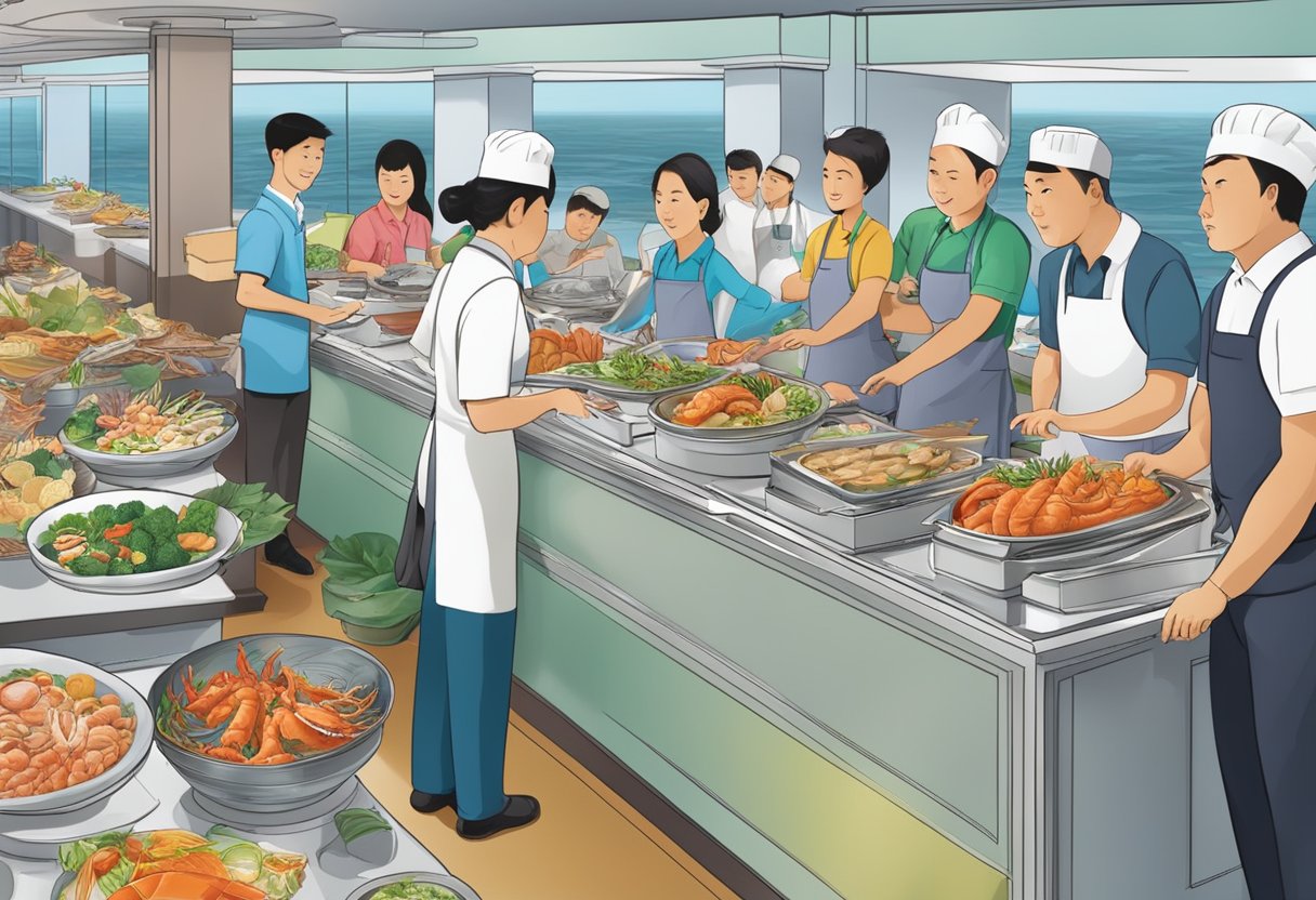 A bustling seafood buffet in Singapore, with a variety of dishes and customers asking questions at the counter
