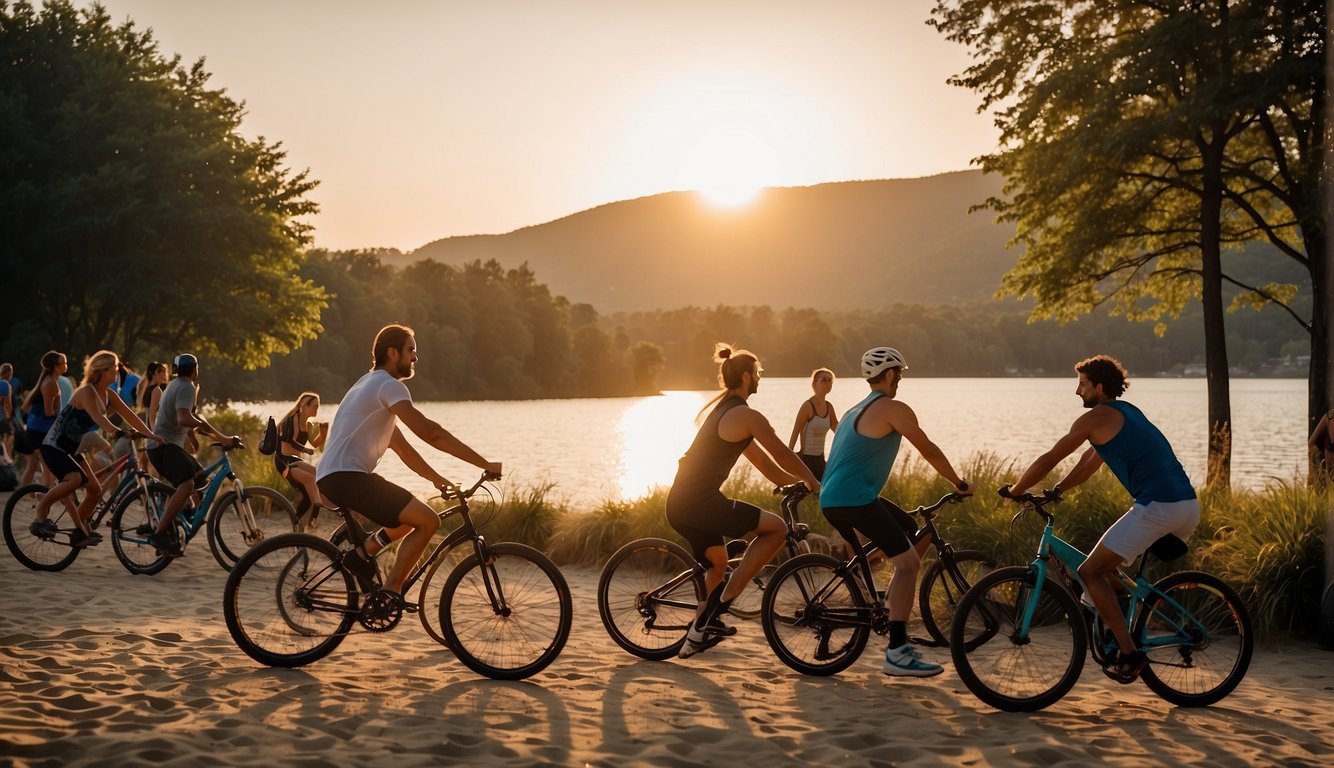 People playing beach volleyball, riding bikes, and having a picnic in a park. Others are hiking, kayaking, and paddleboarding on a lake. Some are rock climbing, zip-lining, and enjoying a sunset yoga session on a rooftop