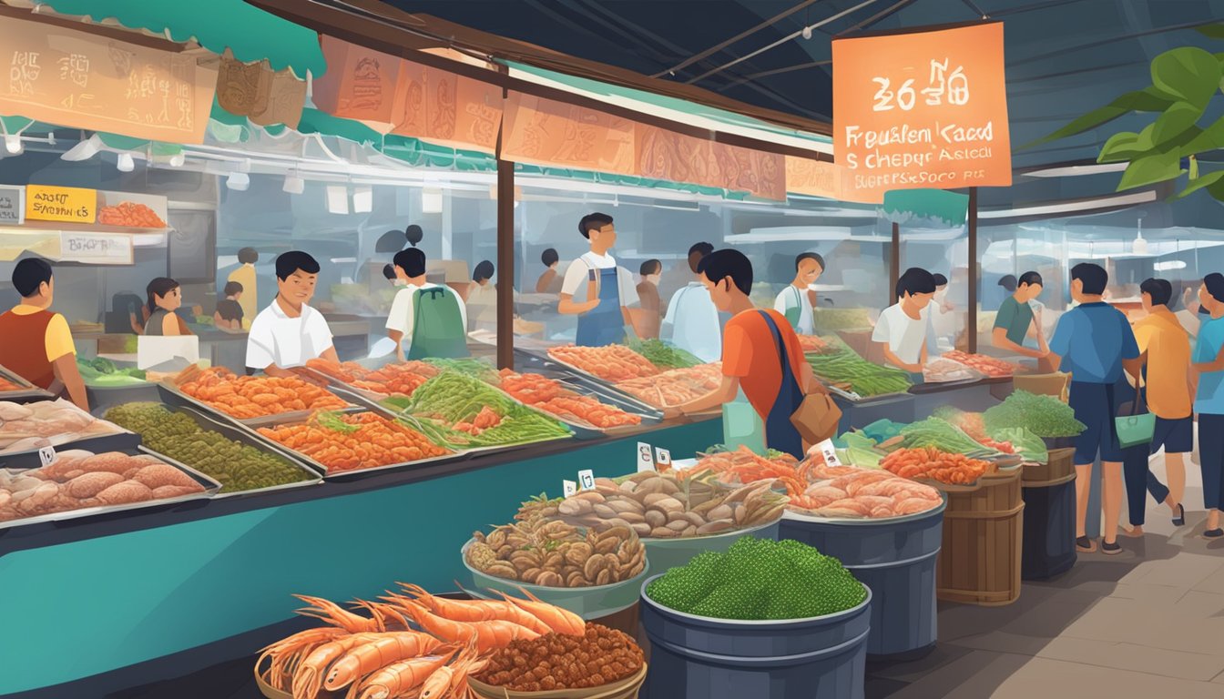 A bustling market stall with a sign reading "Frequently Asked Questions cheap seafood Phuket Singapore." Various seafood on display