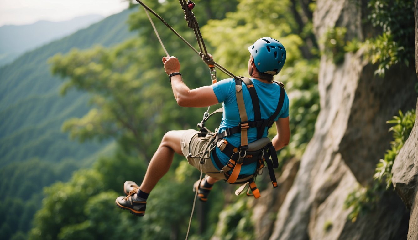 People enjoying rock climbing, zip lining, and obstacle courses in a lush outdoor setting. Excitement and adrenaline fill the air as they conquer physical challenges