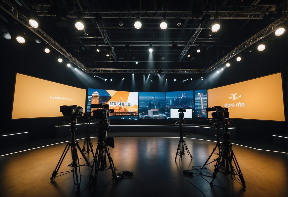 Bright lights illuminate a TV studio with cameras and microphones. A host gestures towards a large screen displaying promotions for various products and events in Singapore