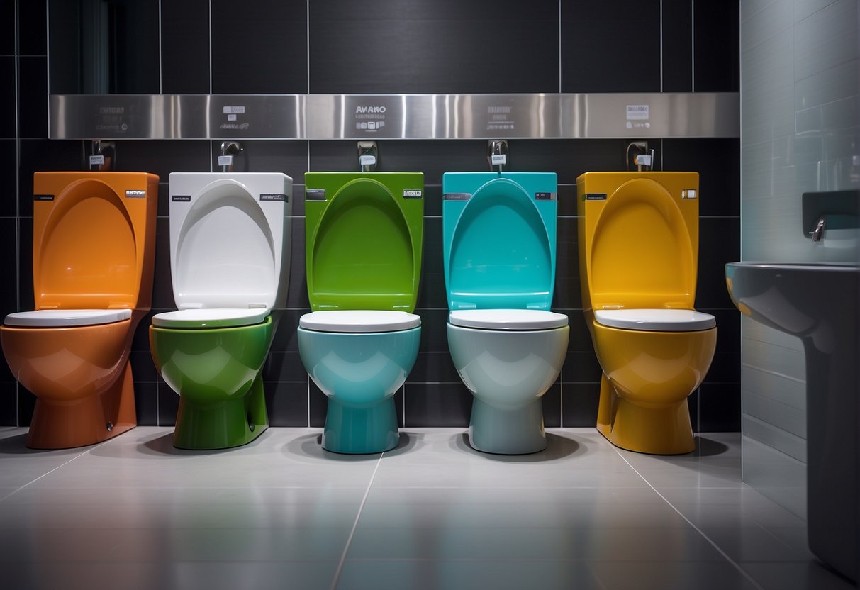 A colorful display of Toto toilet bowls with promotional signage in a modern Singaporean bathroom setting