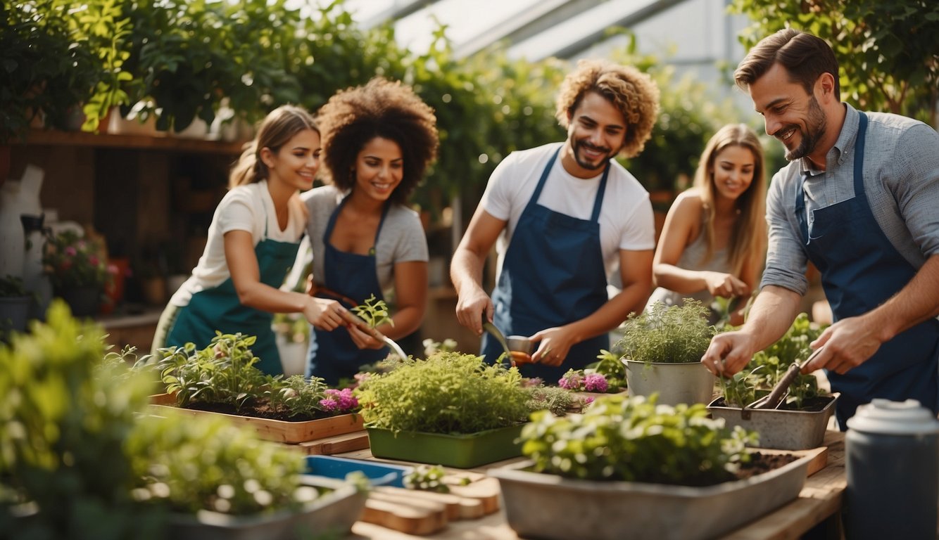 A group of people engaged in various activities like painting, dancing, cooking, and gardening in a vibrant and lively setting