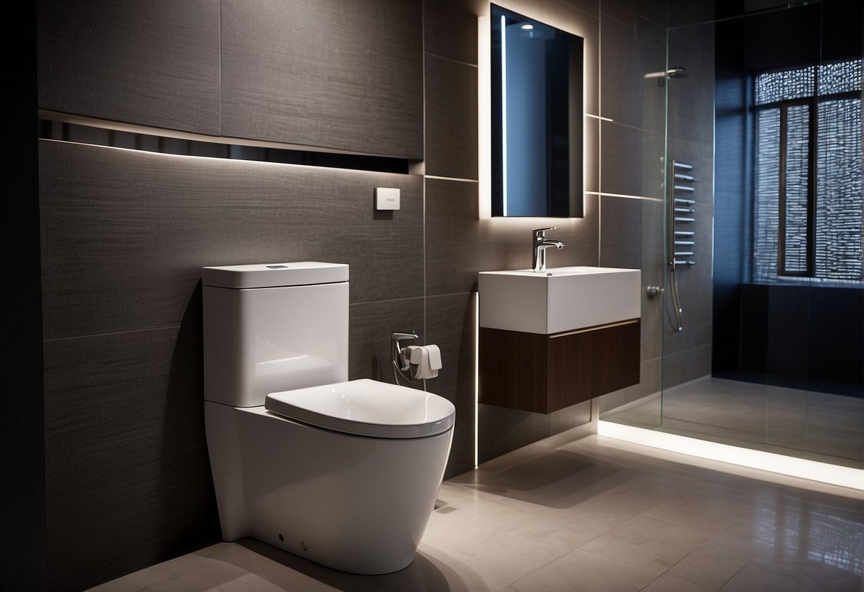 A TOTO toilet product display showcasing advanced features and promotions in a sleek, modern setting