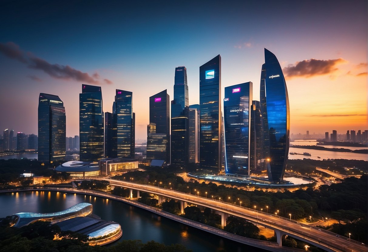 A vibrant city skyline with futuristic TV screens flashing 2024's top television promotions in Singapore