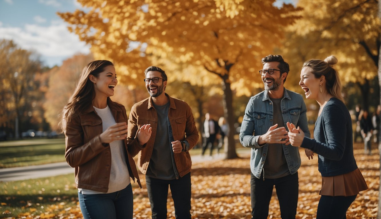 A group of coworkers laughing and playing outdoor games in a park, surrounded by colorful fall foliage and a clear blue sky