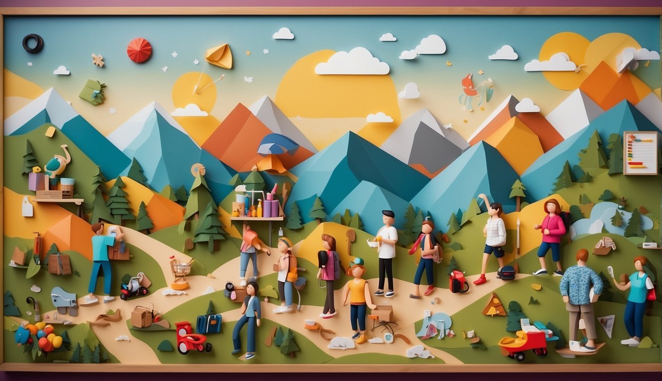 A colorful bulletin board with 10 vibrant activity icons, such as hiking, painting, and cooking, surrounded by playful illustrations of people enjoying each activity