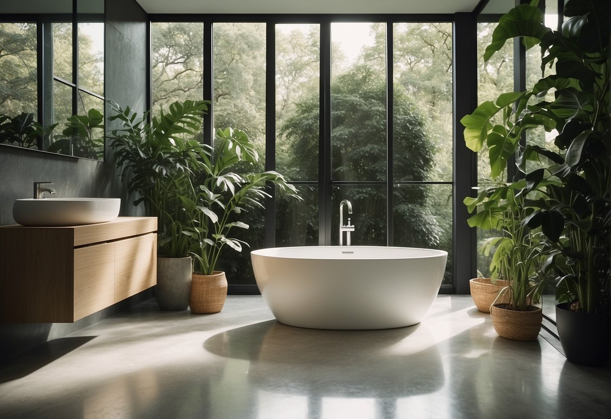 A modern bathroom with TOTO's eco-friendly toilet and water-saving fixtures, surrounded by lush green plants and natural light