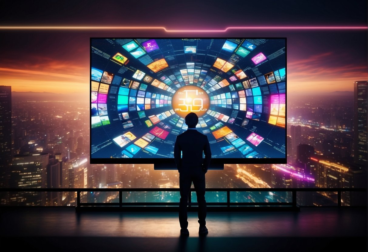 A colorful TV screen displaying various features and enhancements, surrounded by excited viewers and promotional banners