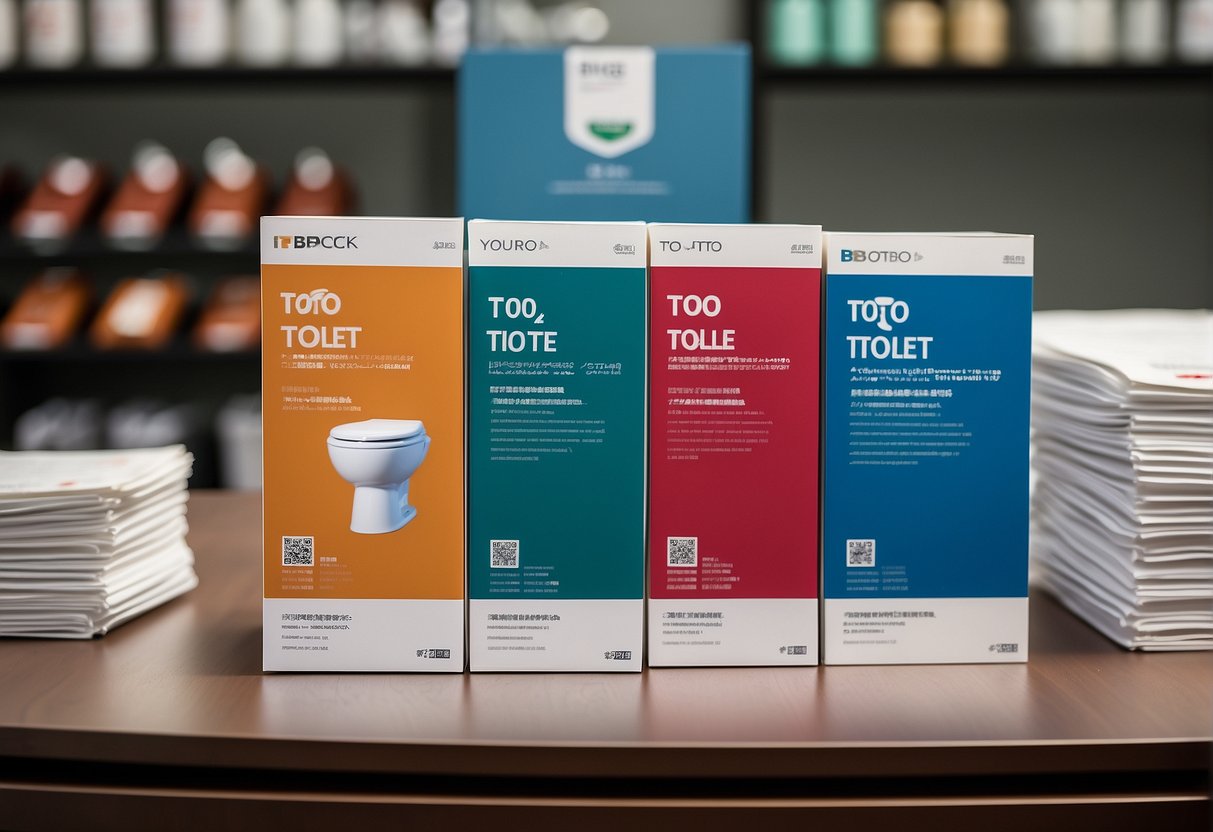 A stack of promotional flyers and brochures for Toto toilet bowls in Singapore, arranged neatly on a display table