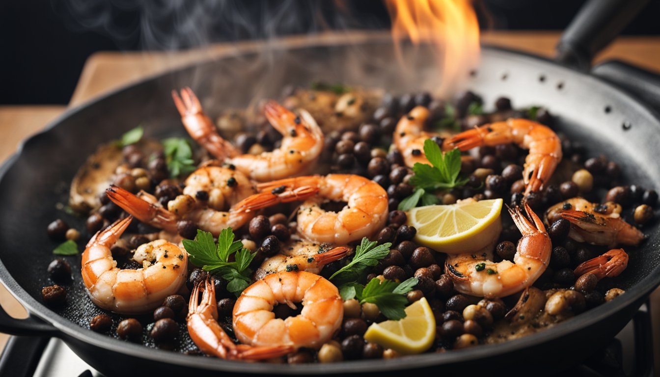 A sizzling pan with prawns, peppercorns, and spices. Smoke rising as the prawns are being stirred and cooked
