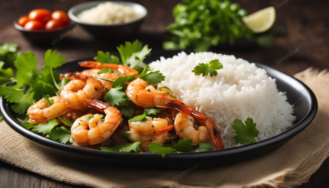 A plate of chettinad prawn pepper fry with a side of steamed rice and a garnish of fresh cilantro. A glass of chilled white wine sits beside the plate