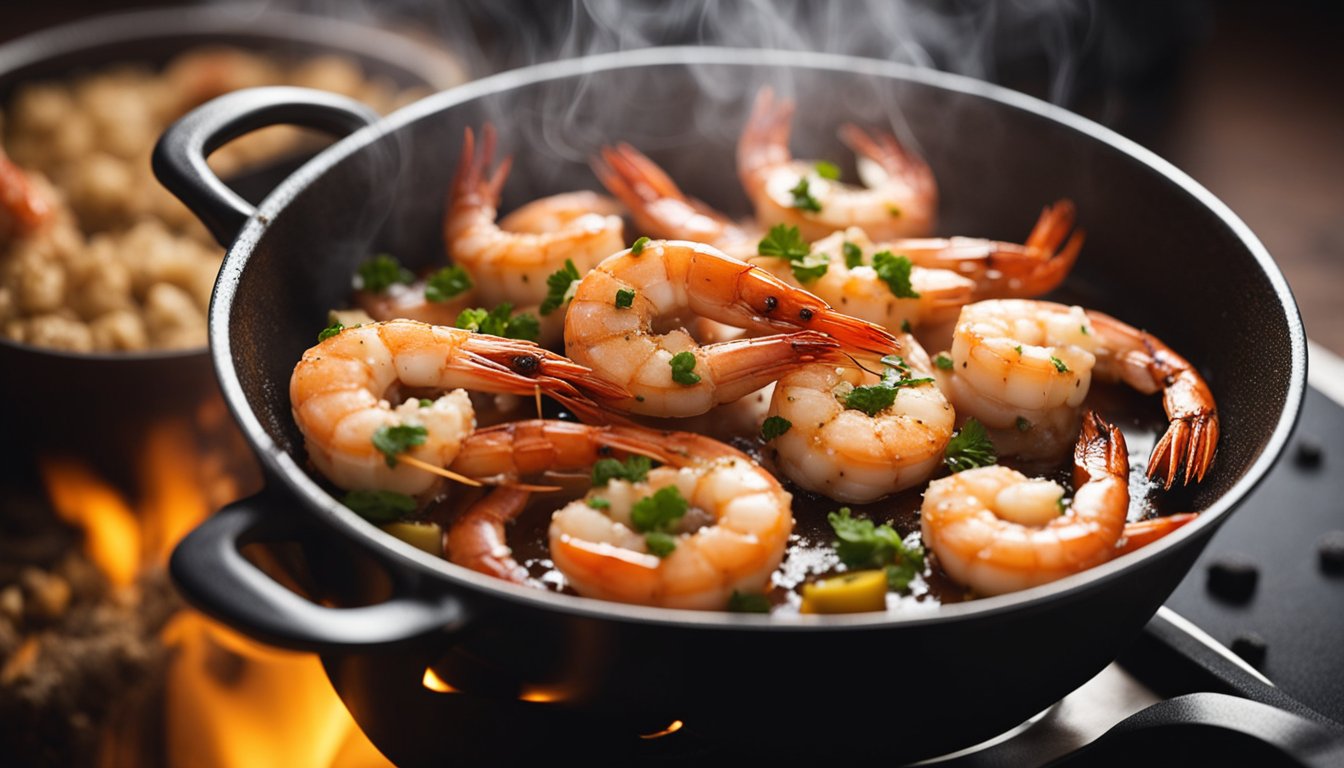 A sizzling pan with prawns, black pepper, and aromatic spices. Steam rises as the prawns are tossed in the pan, creating a mouthwatering aroma