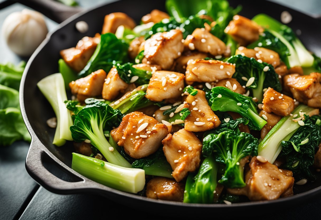A sizzling chicken stir-fry in a wok, with vibrant green bok choy and glossy oyster sauce coating the tender pieces