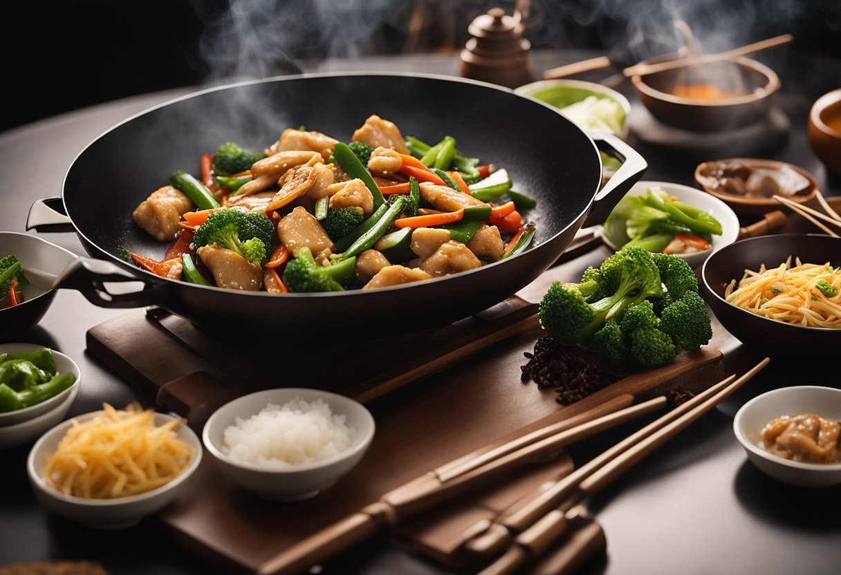 A sizzling wok with chicken pieces, oyster sauce, and stir-fried vegetables, surrounded by traditional Chinese cooking utensils
