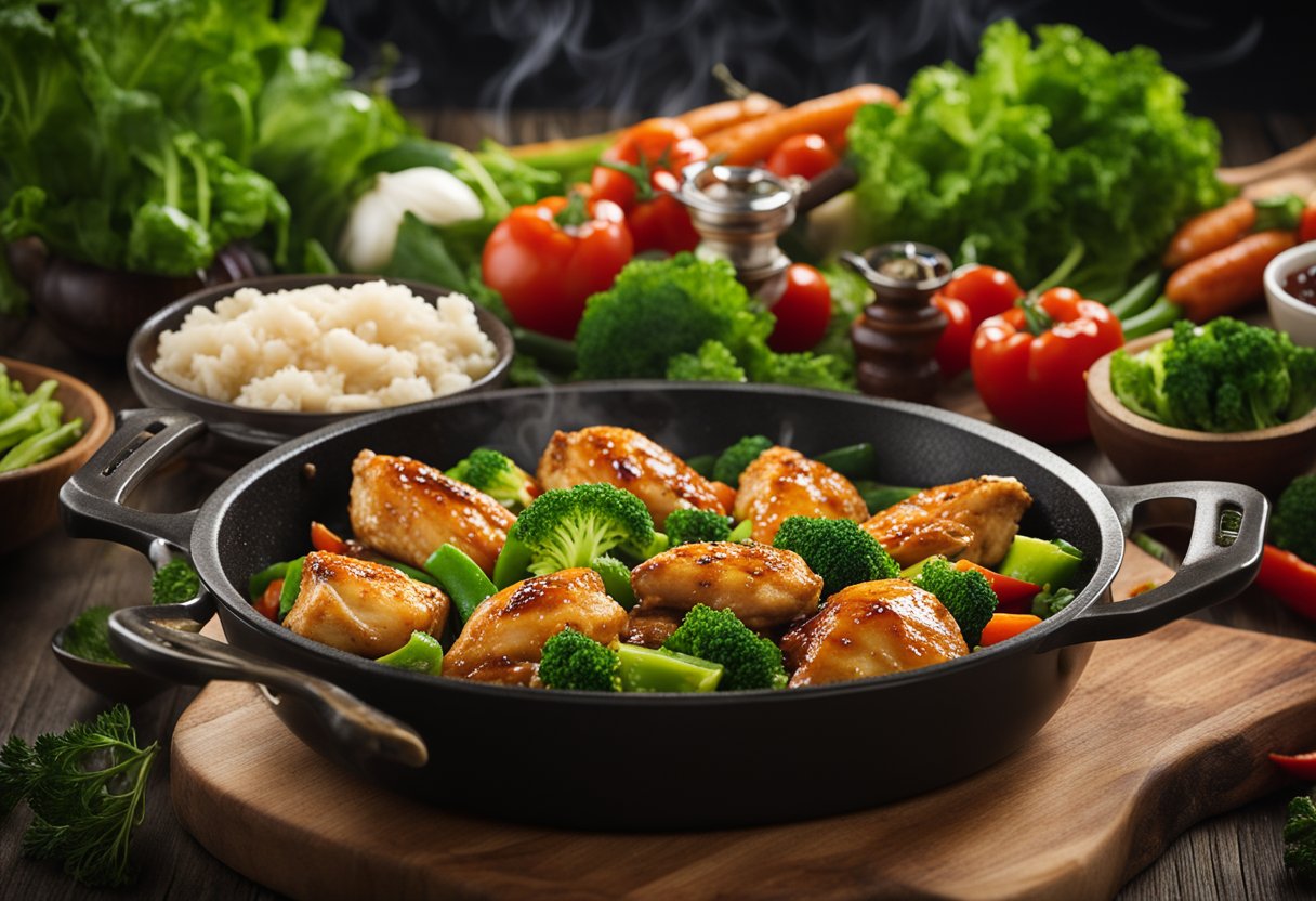 A sizzling skillet with tender chicken pieces, smothered in rich oyster sauce, surrounded by vibrant green and red vegetables