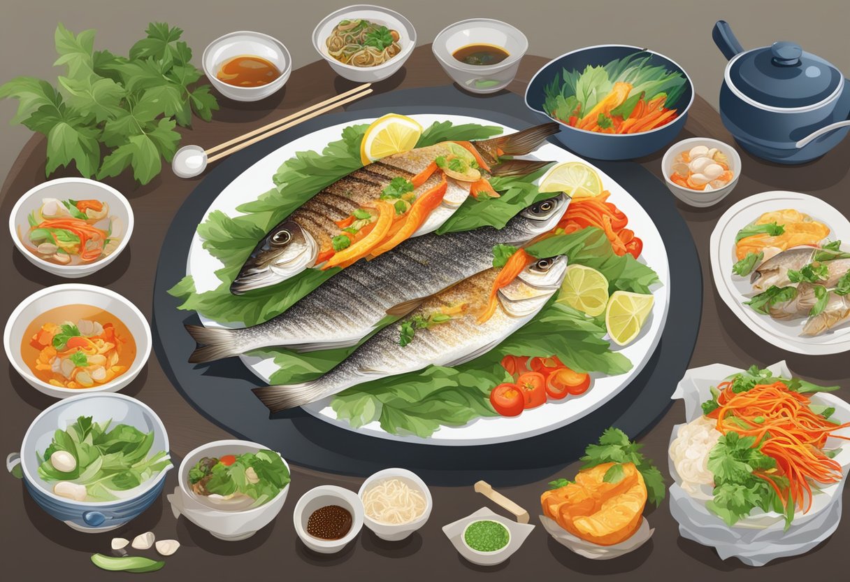 A table set with sizzling chong qing grilled fish, surrounded by colorful ingredients and steam rising