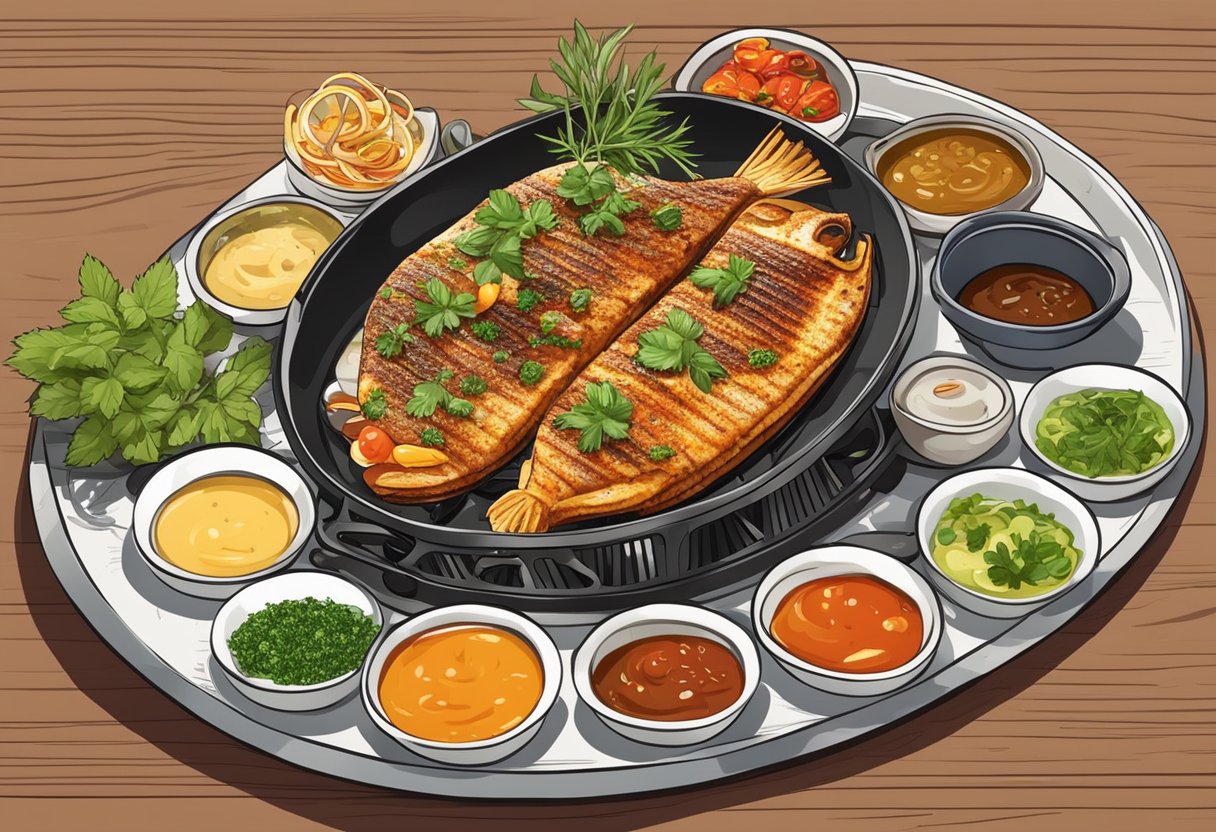 A sizzling hot plate with a spicy, aromatic grilled fish dish surrounded by various dipping sauces and fresh herbs