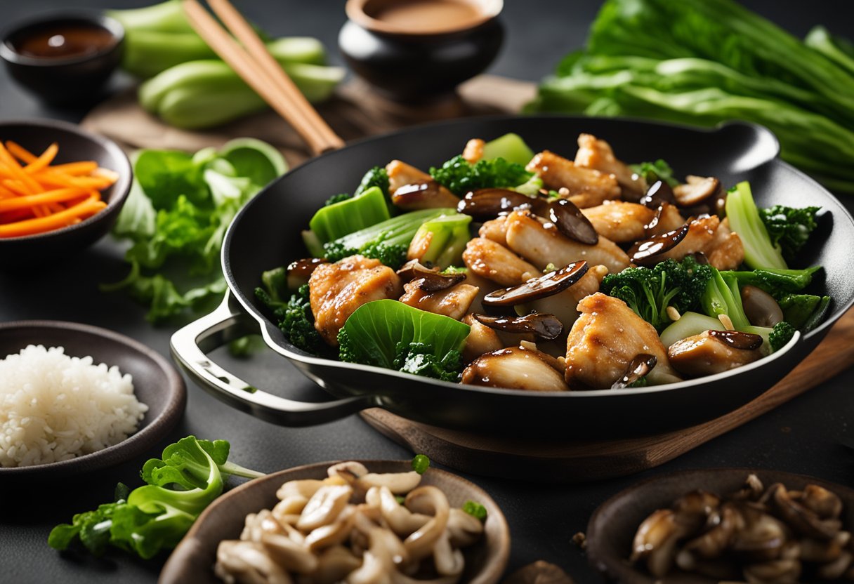 A sizzling wok filled with tender chicken pieces coated in glossy oyster sauce, surrounded by vibrant green bok choy and sliced shiitake mushrooms