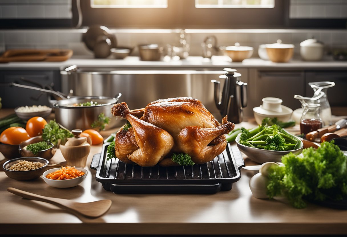 A whole chicken is being marinated in oyster sauce, surrounded by fresh vegetables and cooking utensils on a kitchen counter