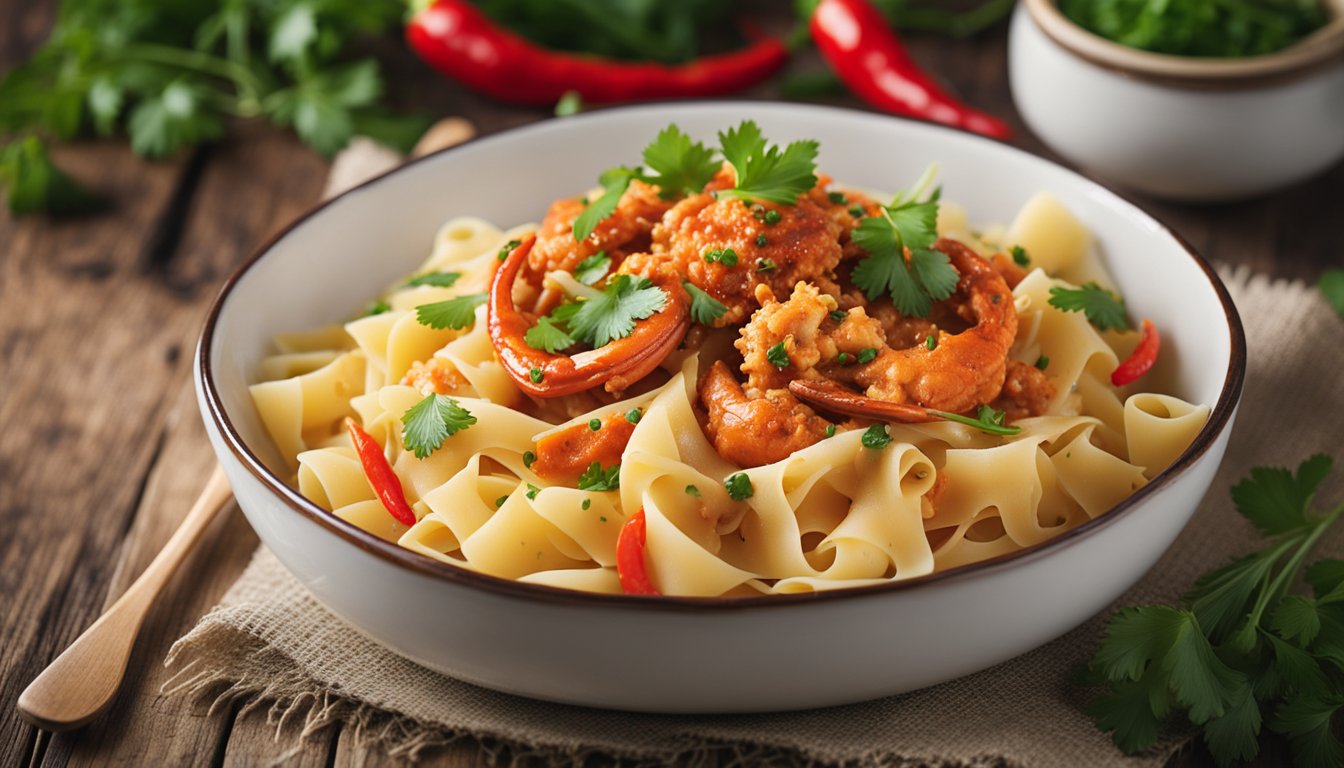 A steaming plate of chilli crab pasta sits on a rustic wooden table, garnished with fresh parsley and a sprinkle of red chilli flakes
