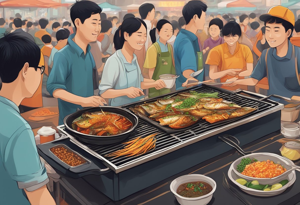 A sizzling hot plate of Chongqing grilled fish with fragrant spices and herbs, surrounded by eager diners in a bustling Bugis street food market