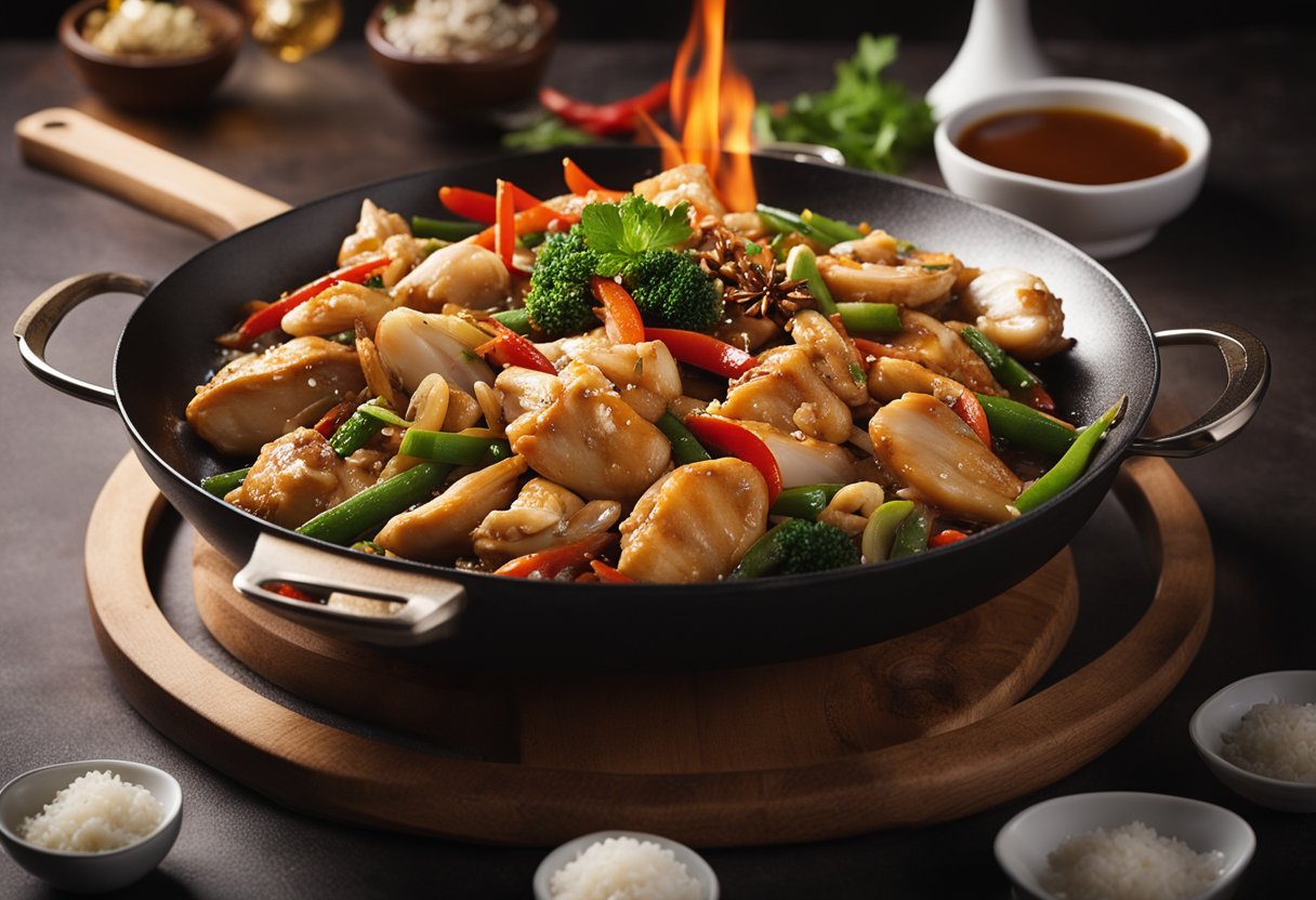 A sizzling wok with chicken, oyster sauce, and Chinese spices. Rich aromas waft through the air, creating a tantalizing scene