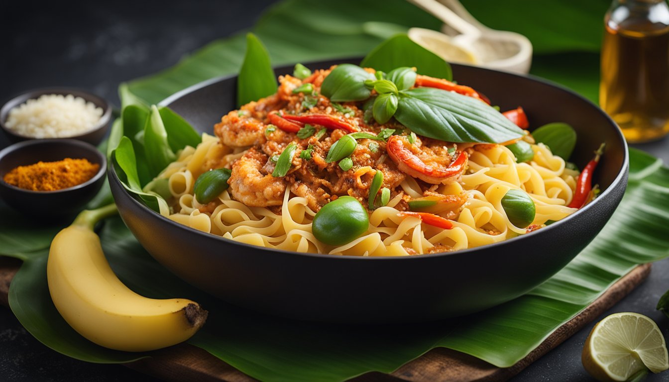 A steaming plate of chilli crab pasta sits atop a banana leaf, surrounded by vibrant spices and herbs. The dish exudes a fusion of bold flavors and cultural significance