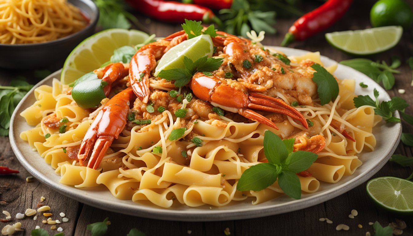 A steaming plate of chilli crab pasta, garnished with fresh herbs, sits on a rustic wooden table, surrounded by scattered chilli flakes and a squeeze of lime