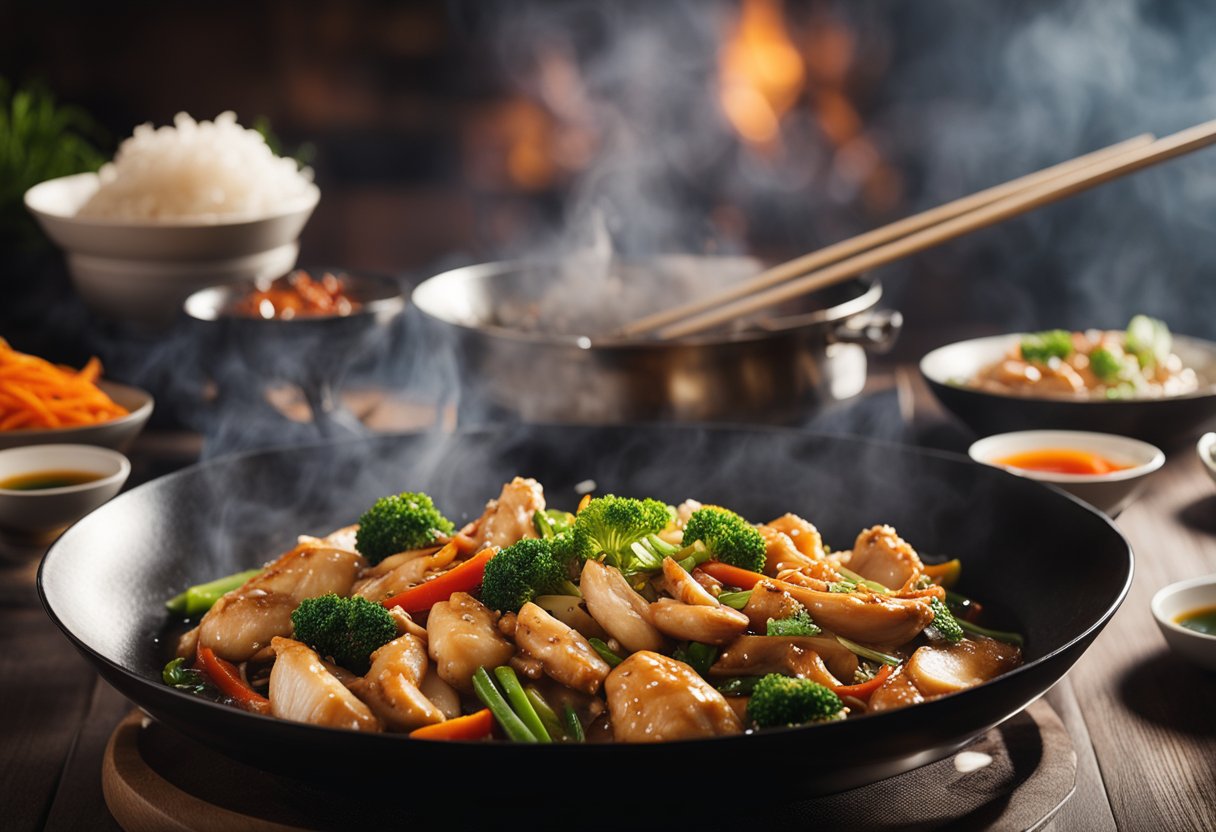 A sizzling wok with juicy chicken pieces and savory oyster sauce bubbling and steaming, surrounded by vibrant Asian ingredients