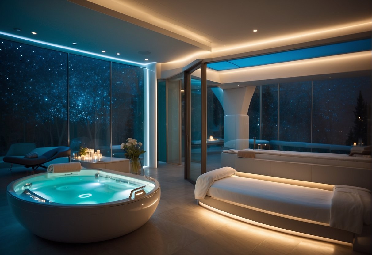 A serene spa room with a futuristic fat freeze machine, soft lighting, and calming decor. A sense of relaxation and rejuvenation fills the air