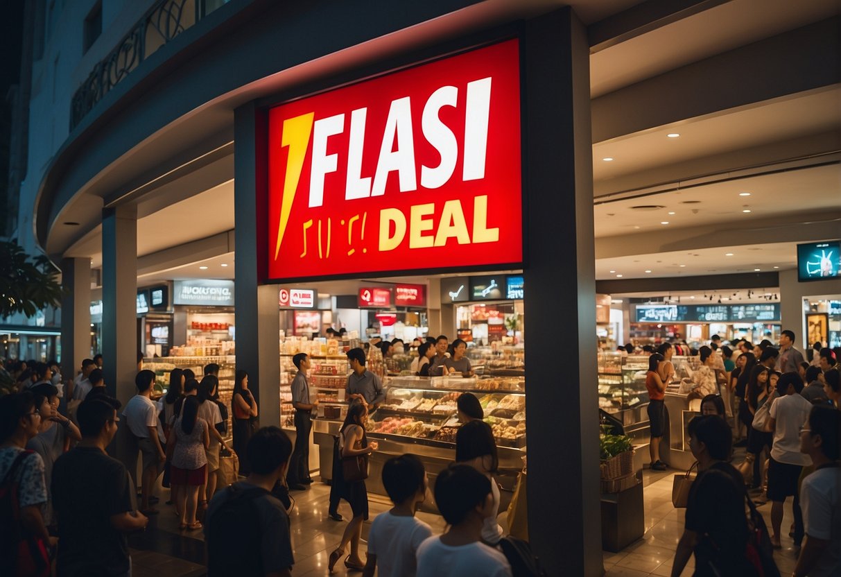 Brightly lit storefront with "Flash Deal" signs, bustling crowd, and excited shoppers in Singapore